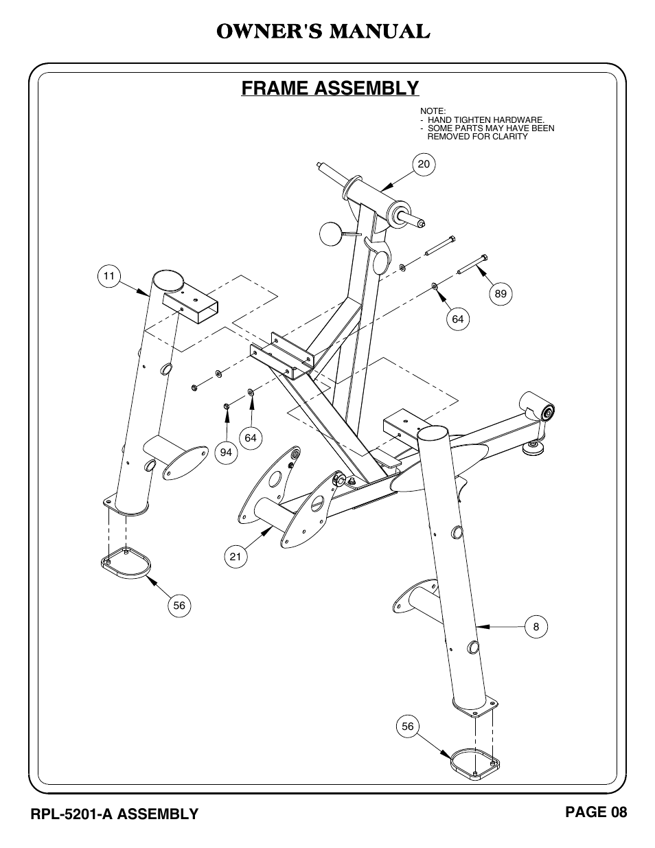 Frame assembly, Owner's manual | Hoist Fitness RPL-5201-A User Manual | Page 9 / 43