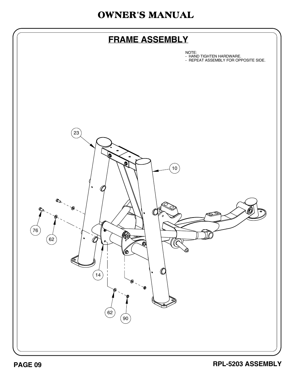 Rpl-5203_pg 09-10.pdf, Frame assembly, Owner's manual | Hoist Fitness RPL-5203 User Manual | Page 10 / 50