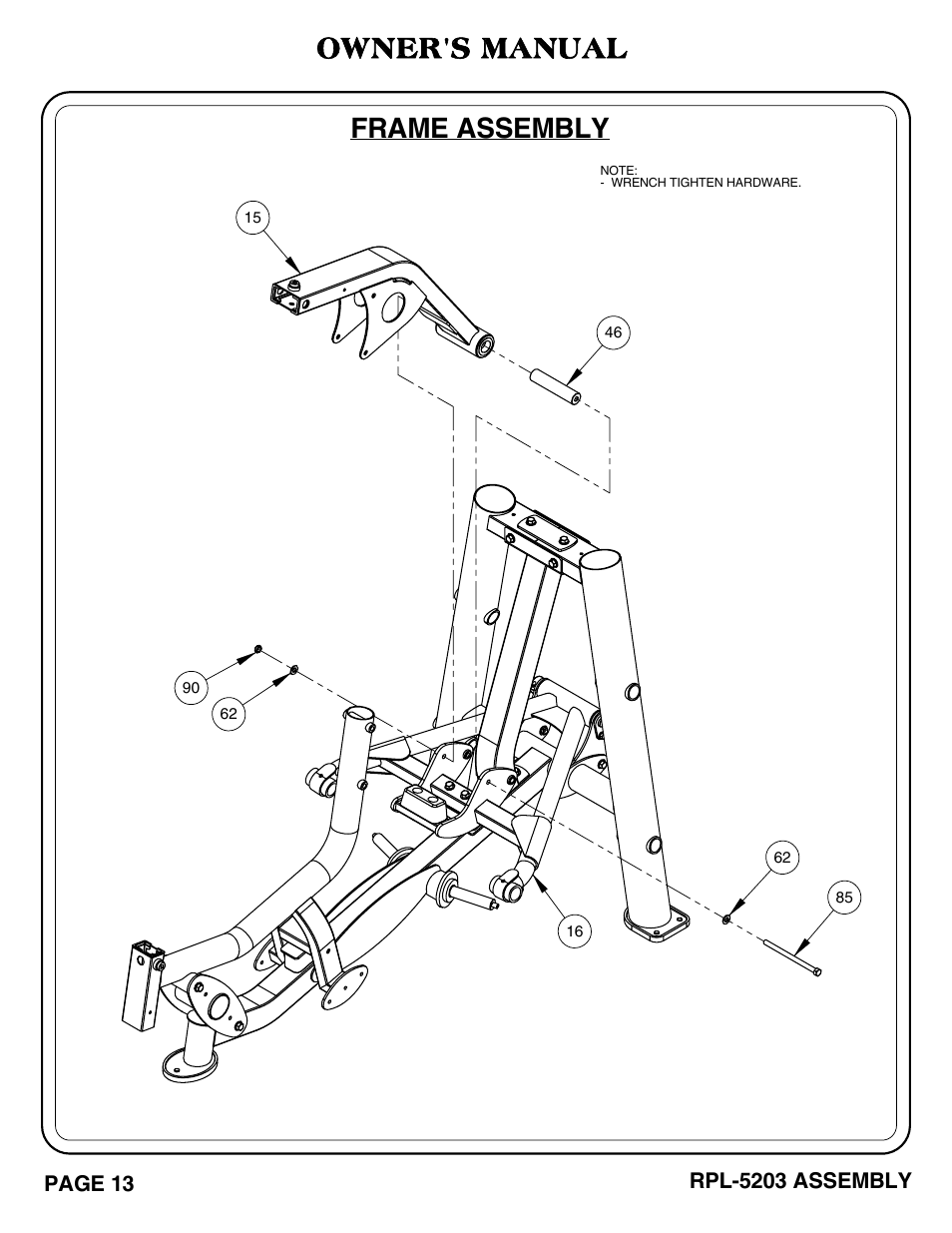 Rpl-5203_pg 13-14.pdf, Frame assembly, Owner's manual | Hoist Fitness RPL-5203 User Manual | Page 14 / 50