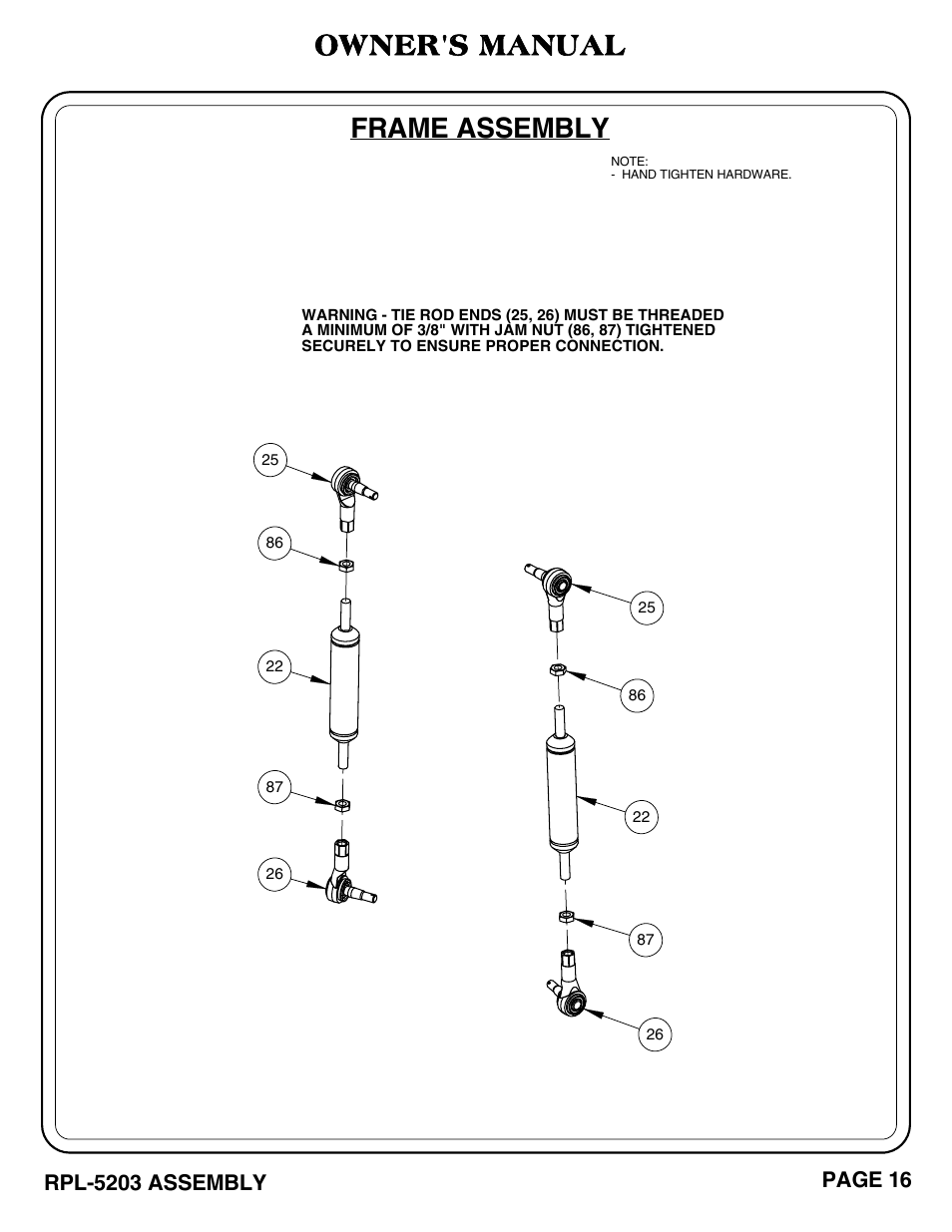 Frame assembly, Owner's manual, Rpl-5203 assembly | Page 16 | Hoist Fitness RPL-5203 User Manual | Page 17 / 50