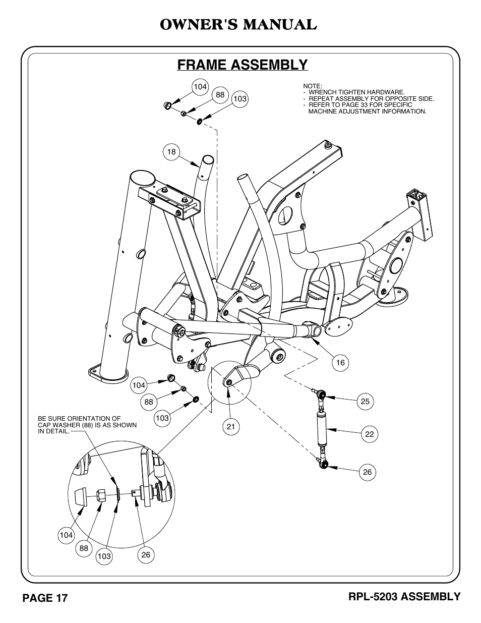 Rpl-5203_pg 17-18.pdf, Frame assembly, Owner's manual | Page 17, Rpl-5203 assembly | Hoist Fitness RPL-5203 User Manual | Page 18 / 50