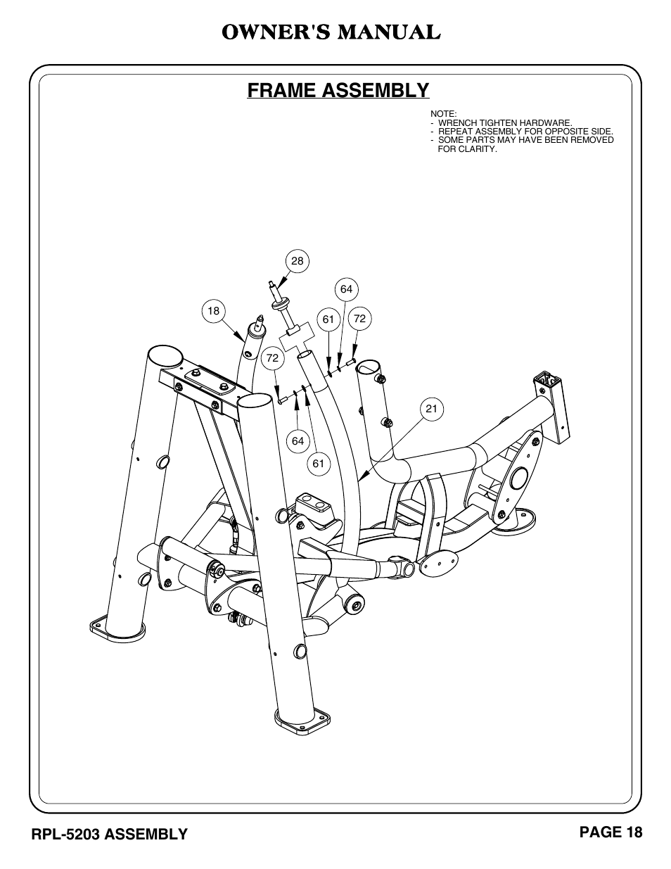 Frame assembly, Owner's manual, Rpl-5203 assembly | Page 18 | Hoist Fitness RPL-5203 User Manual | Page 19 / 50