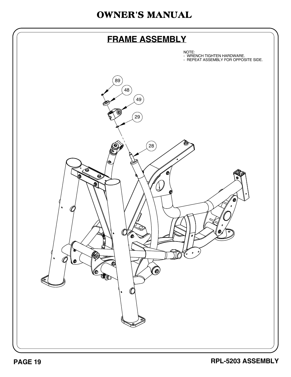 Rpl-5203_pg 19-20.pdf, Frame assembly, Owner's manual | Hoist Fitness RPL-5203 User Manual | Page 20 / 50