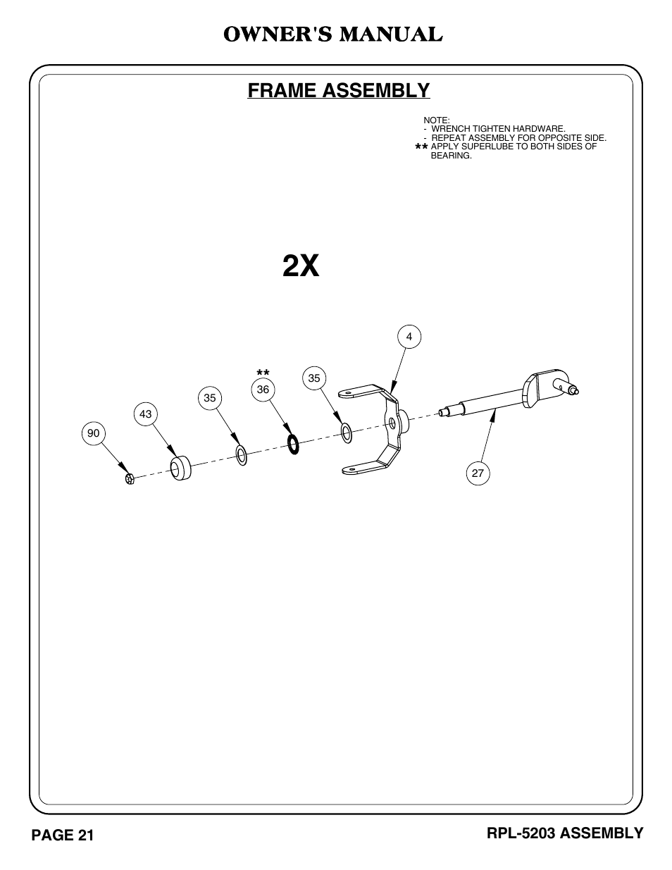 Rpl-5203_pg 21-22.pdf, Frame assembly, Owner's manual | Hoist Fitness RPL-5203 User Manual | Page 22 / 50