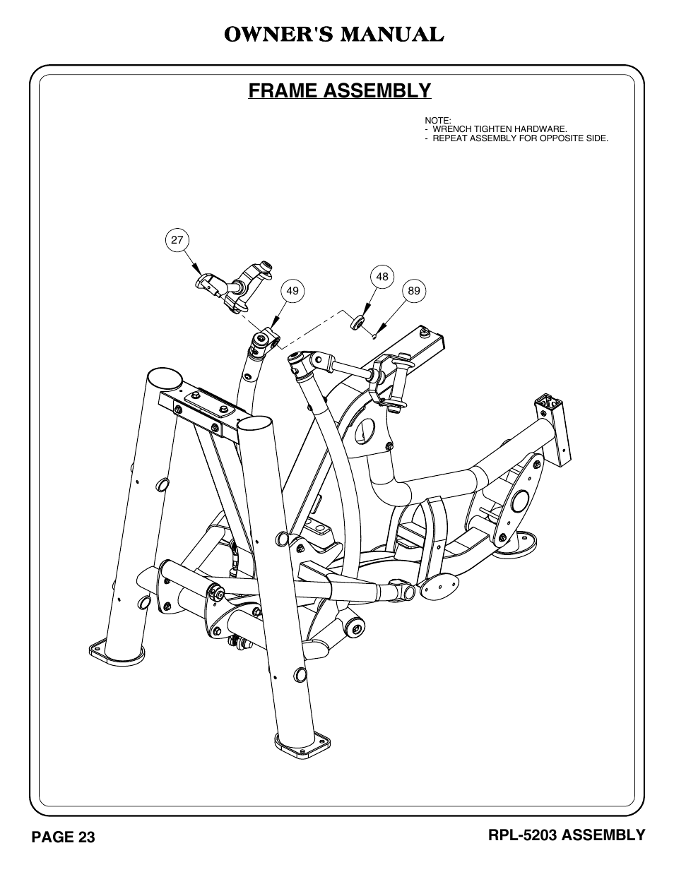 Rpl-5203_pg 23-24.pdf, Frame assembly, Owner's manual | Hoist Fitness RPL-5203 User Manual | Page 24 / 50