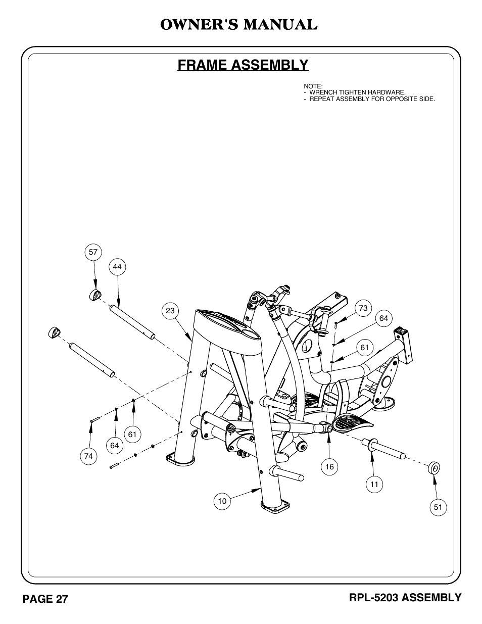 Rpl-5203_pg 27-28.pdf, Frame assembly, Owner's manual | Hoist Fitness RPL-5203 User Manual | Page 28 / 50