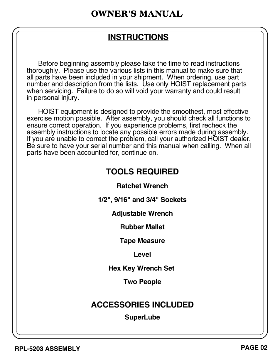 Owner's manual, Tools required, Instructions accessories included | Hoist Fitness RPL-5203 User Manual | Page 3 / 50