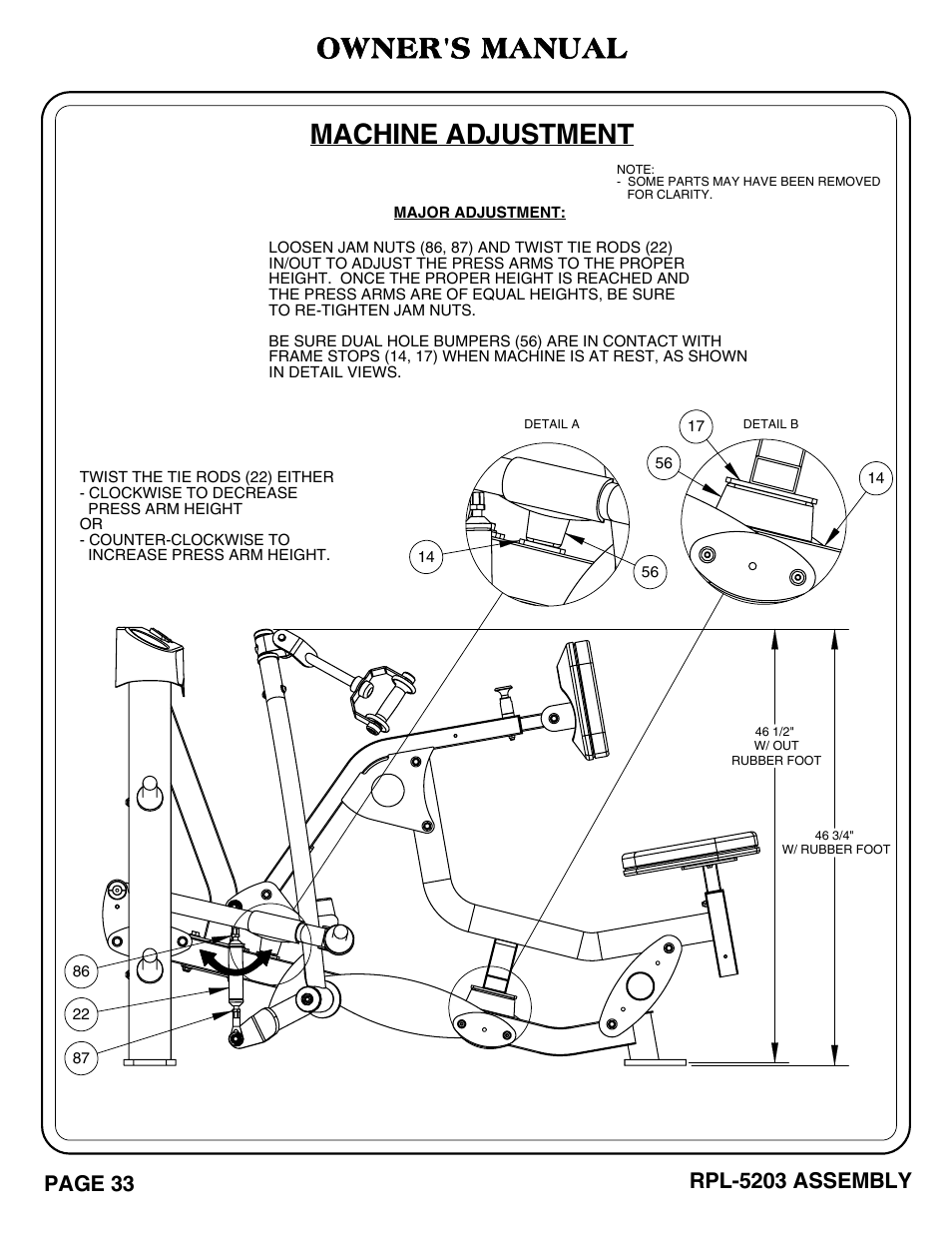Rpl-5203_pg 33-34.pdf, Machine adjustment, Owner's manual | Rpl-5203 assembly, Page 33 | Hoist Fitness RPL-5203 User Manual | Page 34 / 50