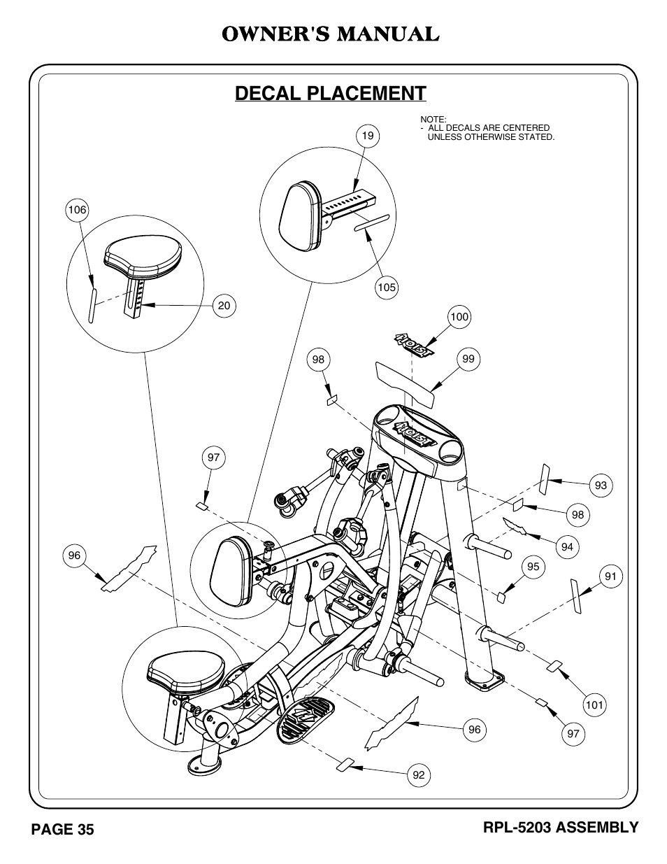 Rpl-5203_pg 35-36.pdf, Decal placement, Owner's manual | Page 35, Rpl-5203 assembly | Hoist Fitness RPL-5203 User Manual | Page 36 / 50