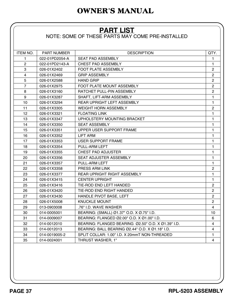 Rpl-5203_pg 37-40.pdf, Part list, Owner's manual | Page 37, Rpl-5203 assembly | Hoist Fitness RPL-5203 User Manual | Page 38 / 50