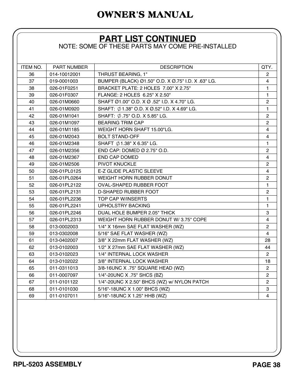 Part list continued, Owner's manual, Page 38 | Rpl-5203 assembly | Hoist Fitness RPL-5203 User Manual | Page 39 / 50