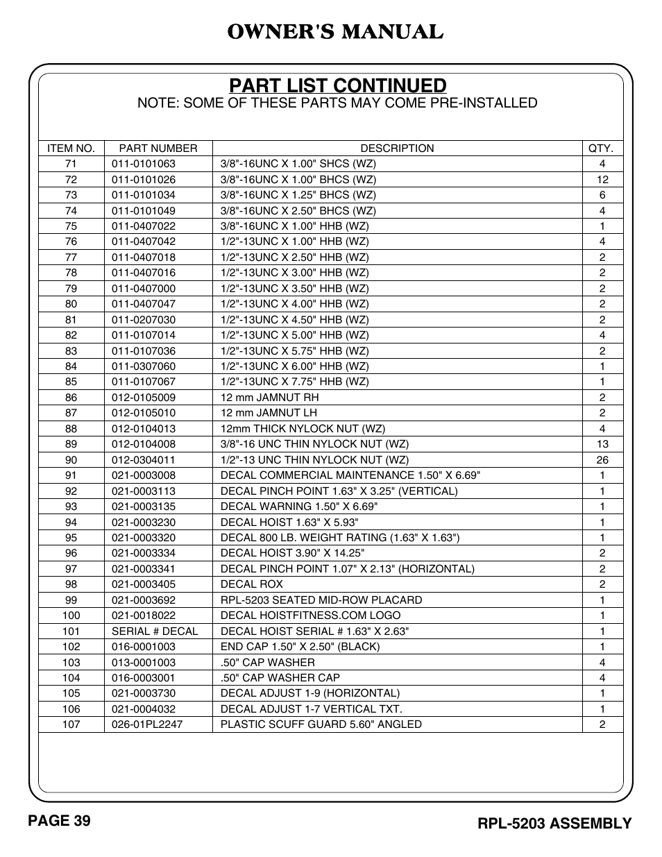 Part list continued, Owner's manual, Page 39 | Rpl-5203 assembly | Hoist Fitness RPL-5203 User Manual | Page 40 / 50