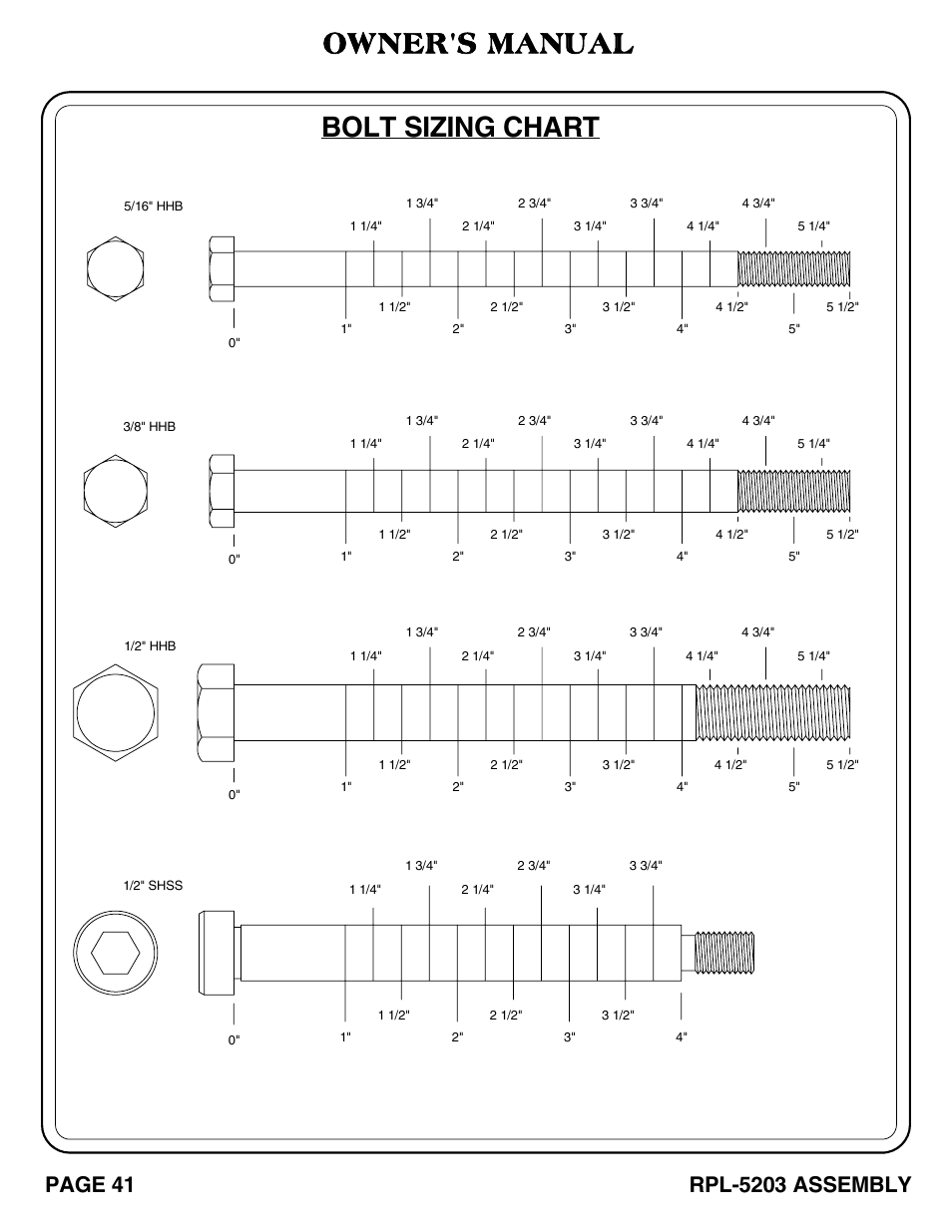 Rpl-5203_pg 41-47.pdf, Bolt sizing chart, Owner's manual | Hoist Fitness RPL-5203 User Manual | Page 42 / 50