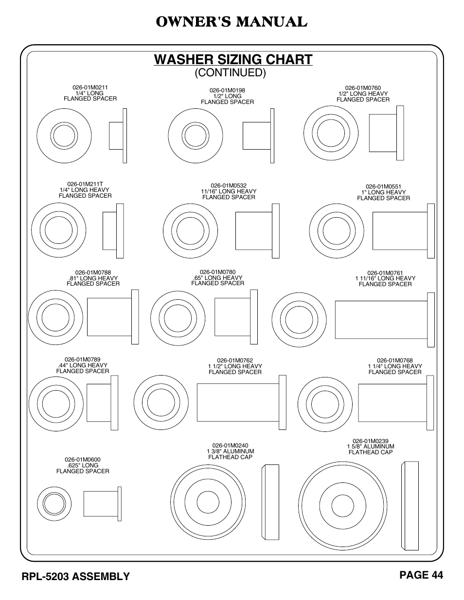 Washer sizing chart, Owner's manual, Continued) | Page 44, Rpl-5203 assembly | Hoist Fitness RPL-5203 User Manual | Page 45 / 50