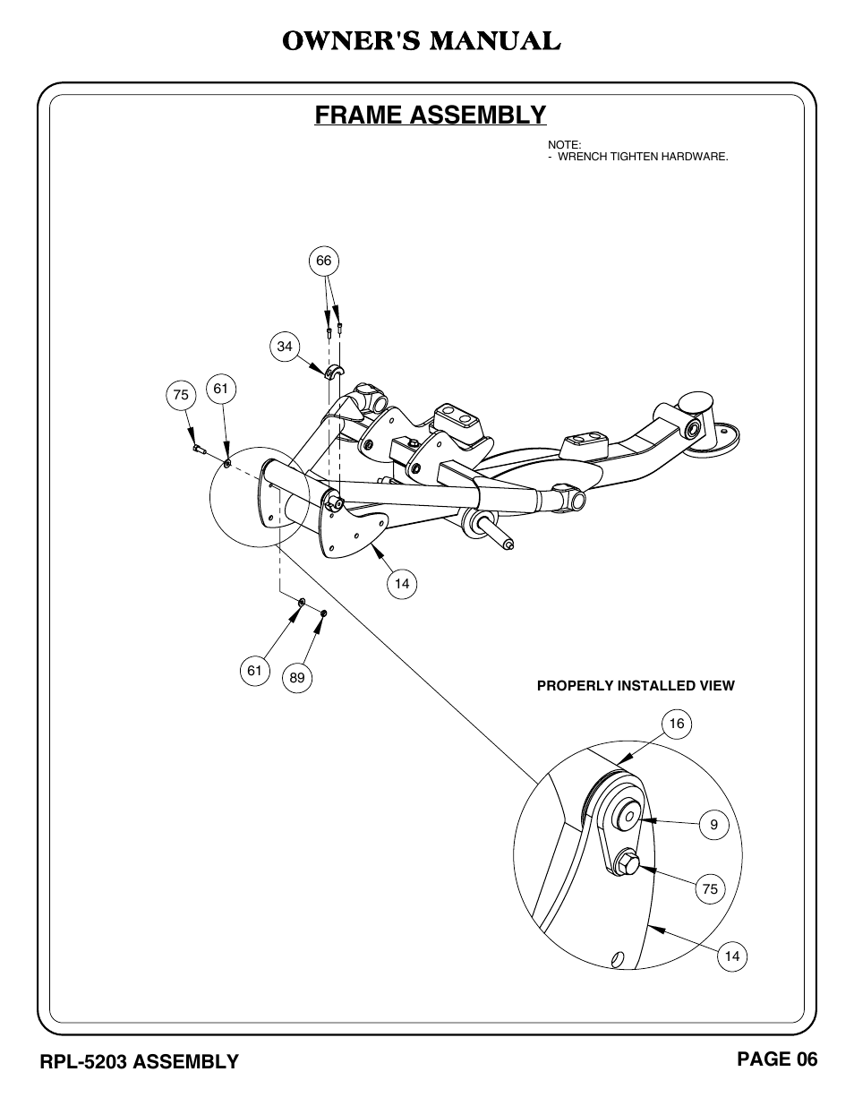 Frame assembly, Owner's manual, Rpl-5203 assembly | Page 06 | Hoist Fitness RPL-5203 User Manual | Page 7 / 50