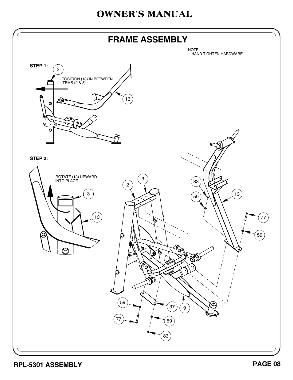 Owner's manual, Frame assembly, Rpl-5301 assembly | Page 08 | Hoist Fitness RPL-5301 User Manual | Page 11 / 48