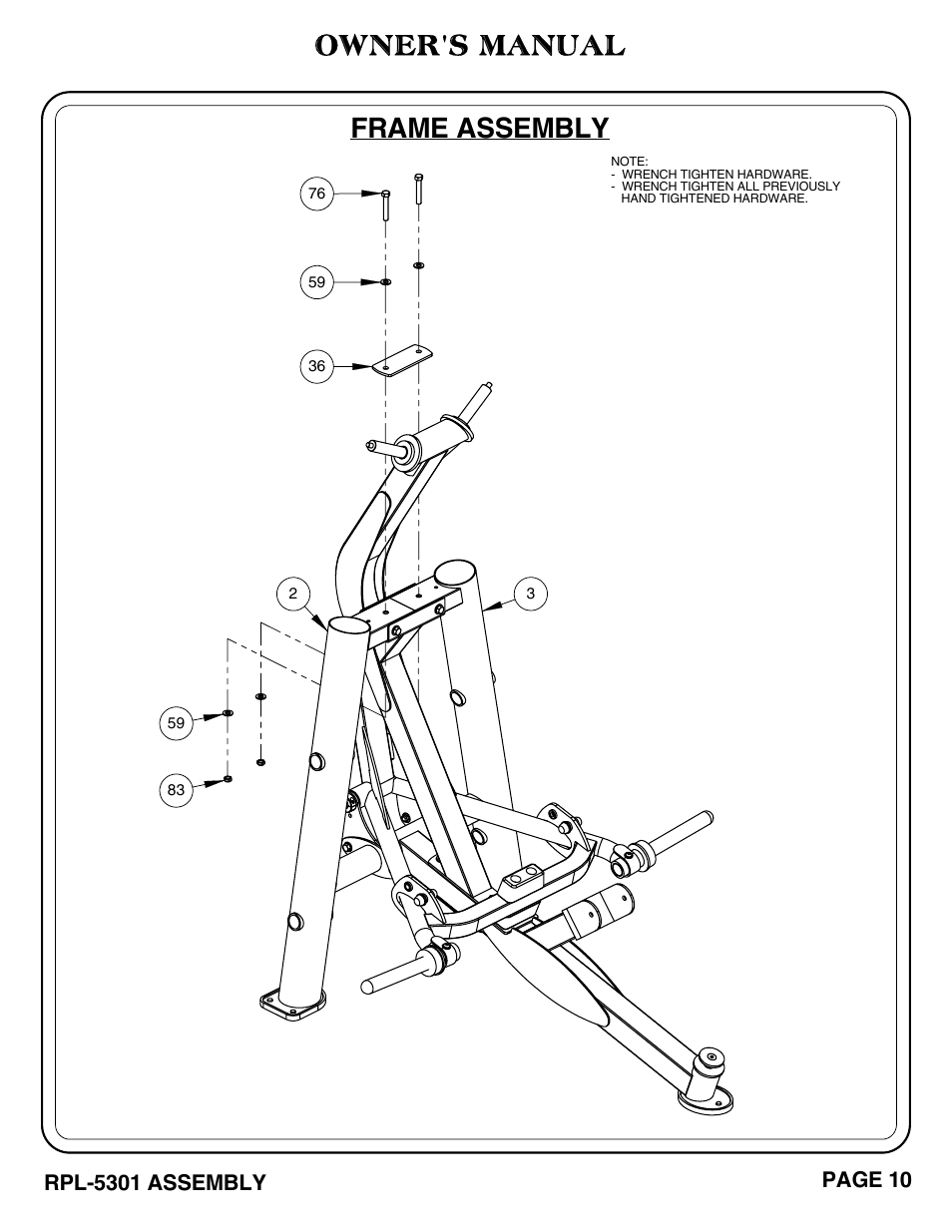 Frame assembly, Owner's manual, Rpl-5301 assembly | Page 10 | Hoist Fitness RPL-5301 User Manual | Page 13 / 48