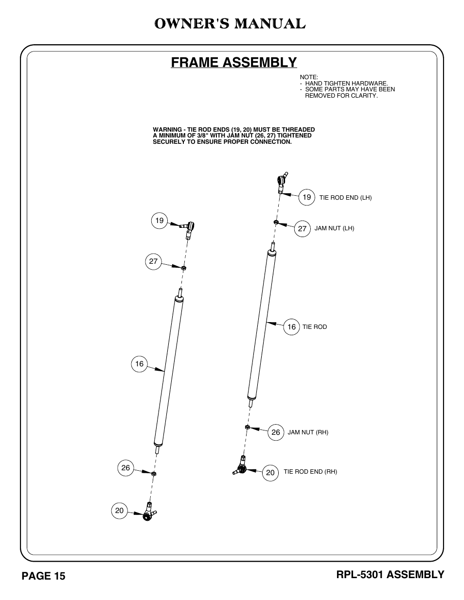 Owner's manual, Frame assembly, Page 15 | Rpl-5301 assembly | Hoist Fitness RPL-5301 User Manual | Page 18 / 48