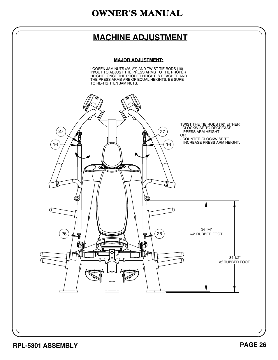 Owner's manual, Machine adjustment, Rpl-5301 assembly | Page 26 | Hoist Fitness RPL-5301 User Manual | Page 2 / 48