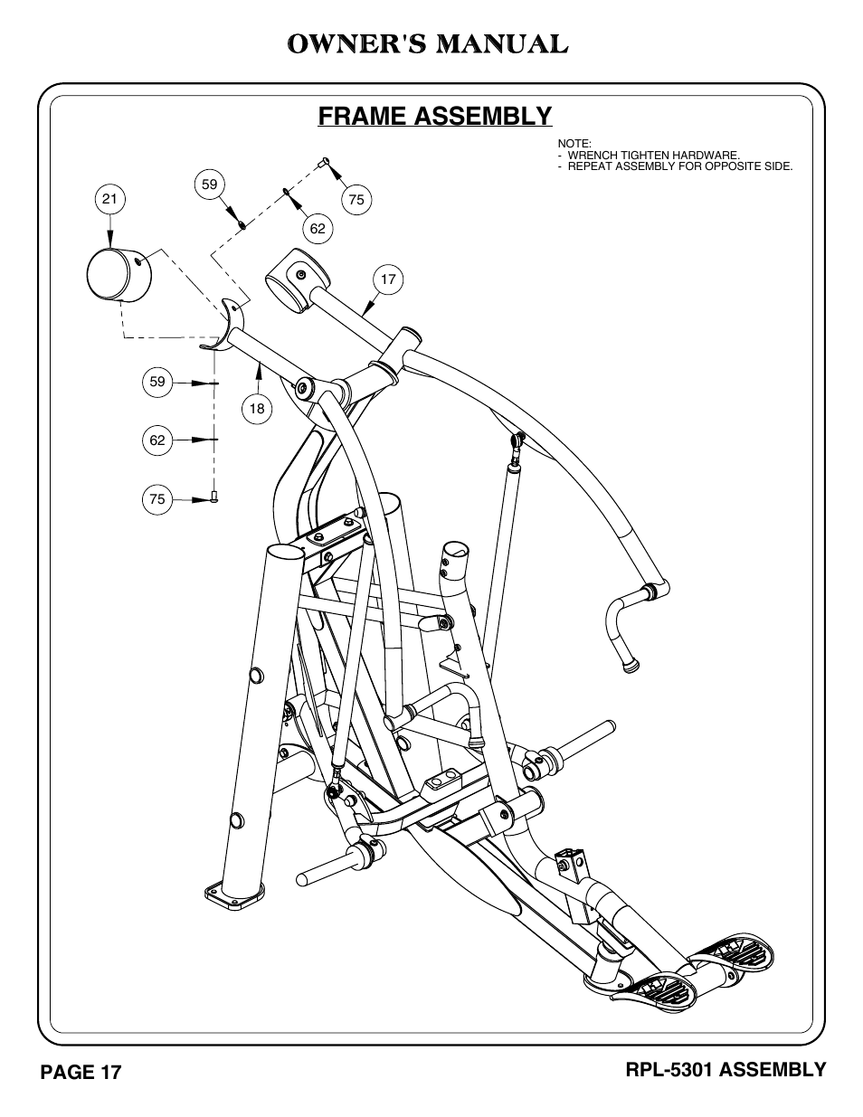 Owner's manual, Frame assembly, Page 17 | Rpl-5301 assembly | Hoist Fitness RPL-5301 User Manual | Page 20 / 48