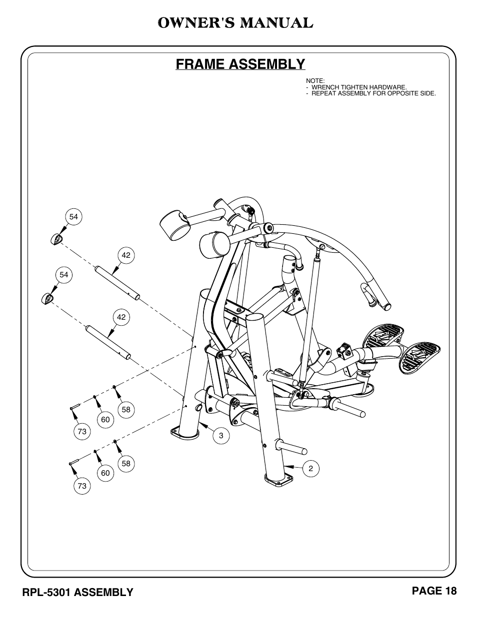 Frame assembly, Owner's manual, Rpl-5301 assembly | Page 18 | Hoist Fitness RPL-5301 User Manual | Page 21 / 48