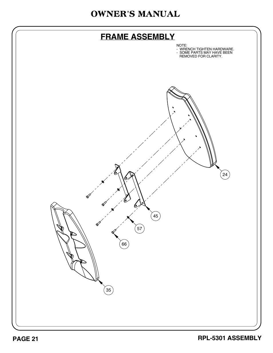 Owner's manual, Frame assembly, Page 21 | Rpl-5301 assembly | Hoist Fitness RPL-5301 User Manual | Page 24 / 48