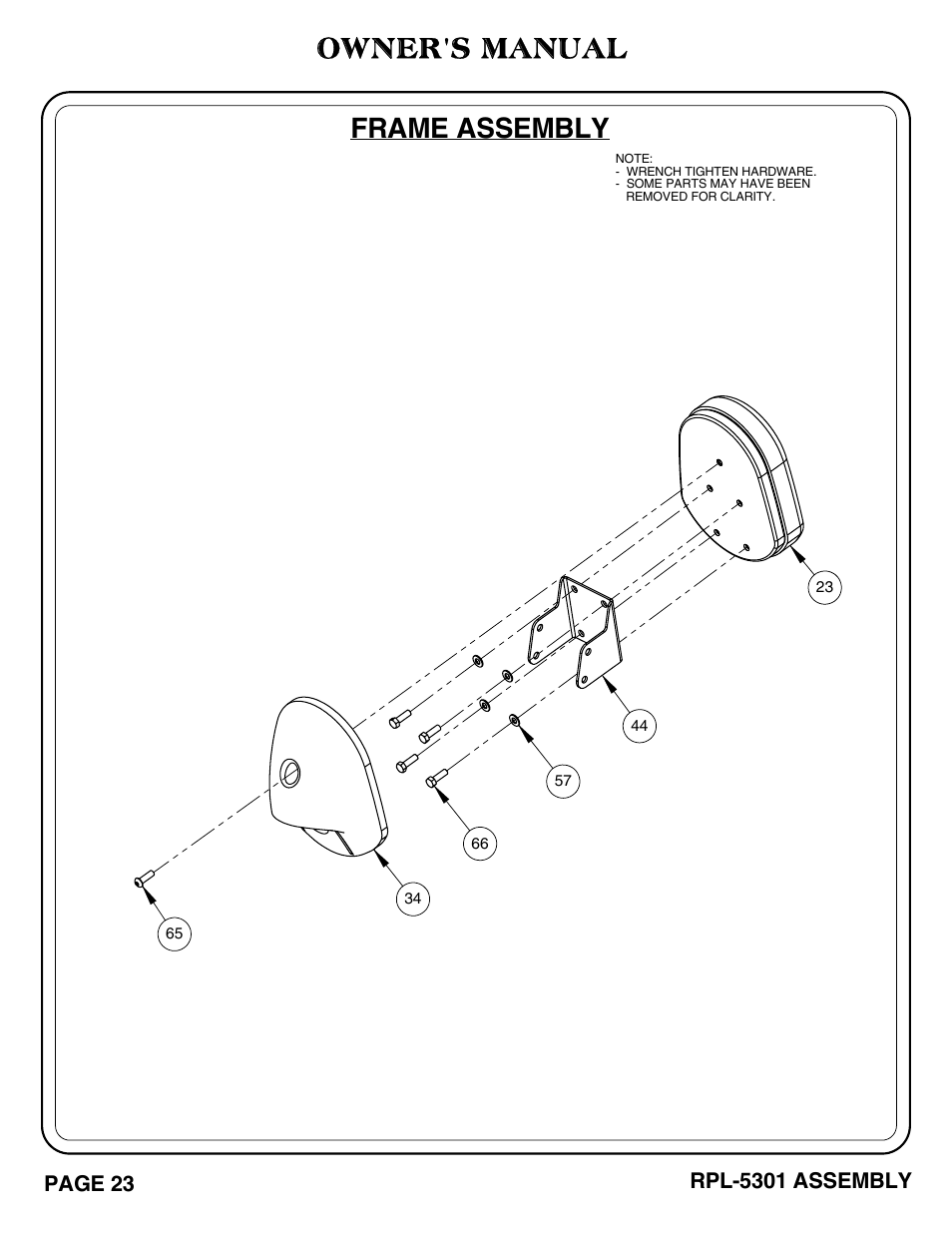 Frame assembly, Owner's manual, Rpl-5301 assembly | Page 23 | Hoist Fitness RPL-5301 User Manual | Page 26 / 48