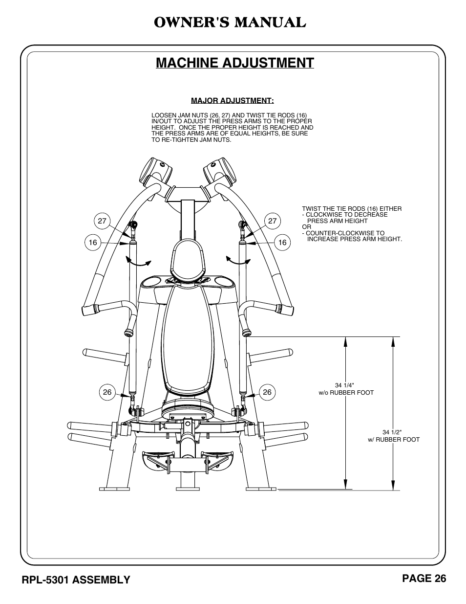 Machine adjustment, Owner's manual, Rpl-5301 assembly | Page 26 | Hoist Fitness RPL-5301 User Manual | Page 29 / 48