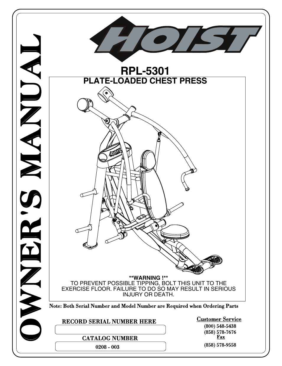 Rpl-5301_pg 00-45 (0208-003), Owner' s ma nua l | Hoist Fitness RPL-5301 User Manual | Page 3 / 48