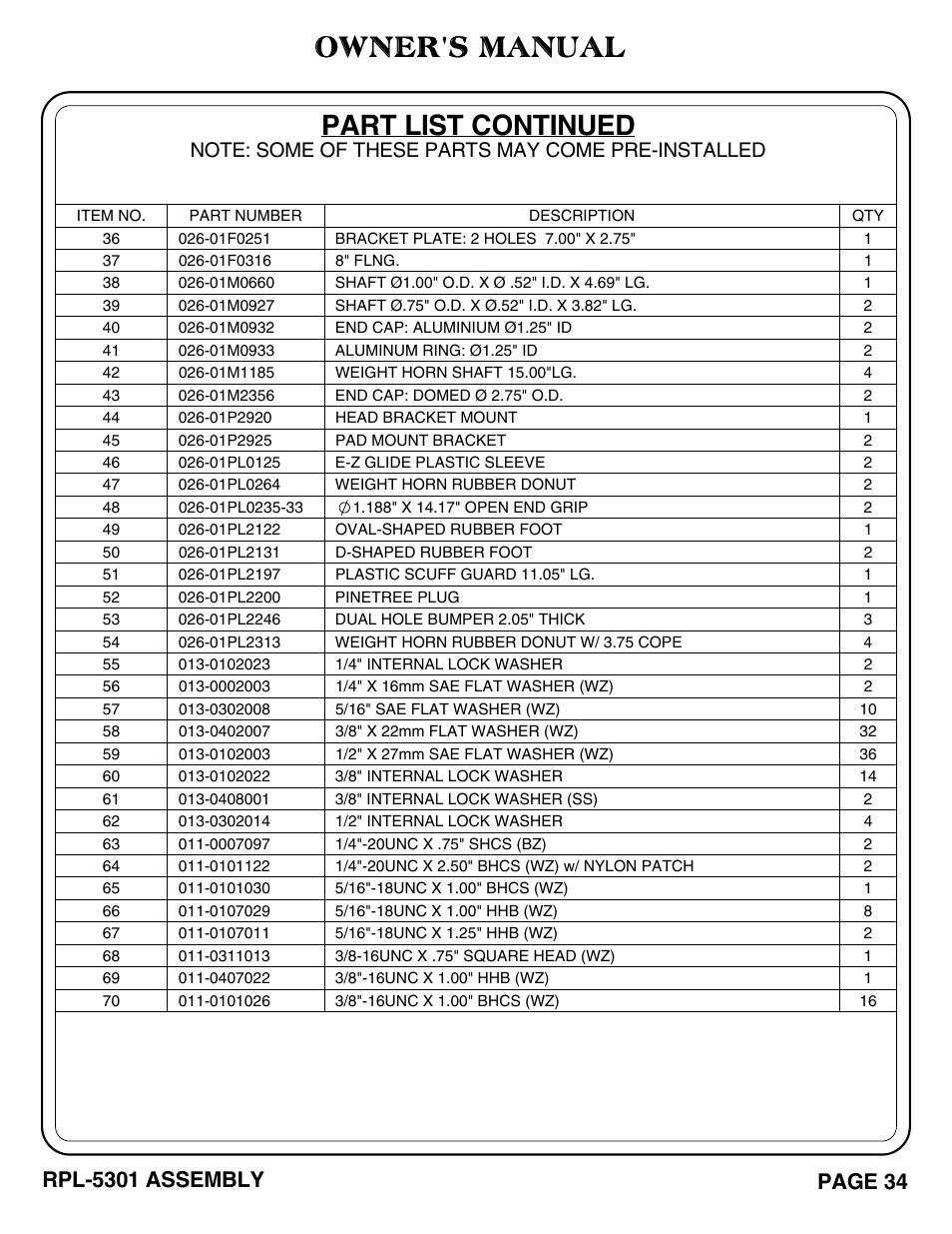 Owner's manual, Part list continued, Page 34 | Rpl-5301 assembly | Hoist Fitness RPL-5301 User Manual | Page 37 / 48