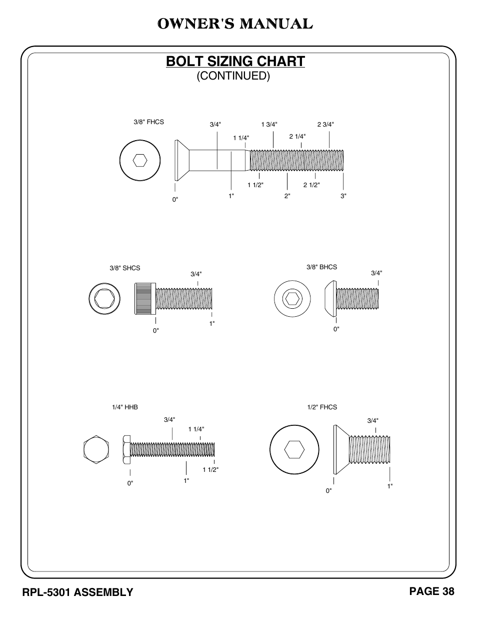 Owner's manual, Bolt sizing chart, Continued) | Page 38, Rpl-5301 assembly | Hoist Fitness RPL-5301 User Manual | Page 41 / 48