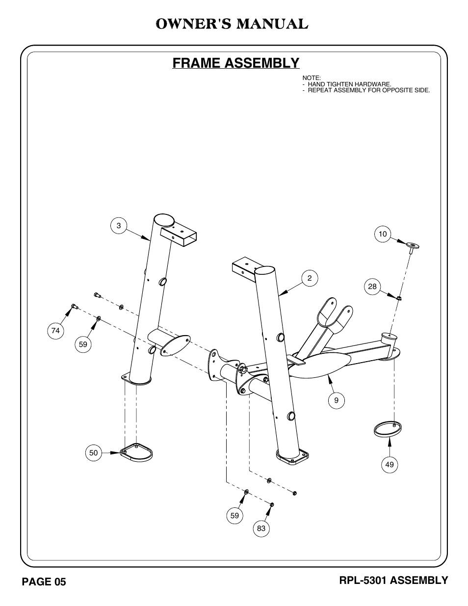 Frame assembly, Owner's manual, Page 05 | Rpl-5301 assembly | Hoist Fitness RPL-5301 User Manual | Page 8 / 48