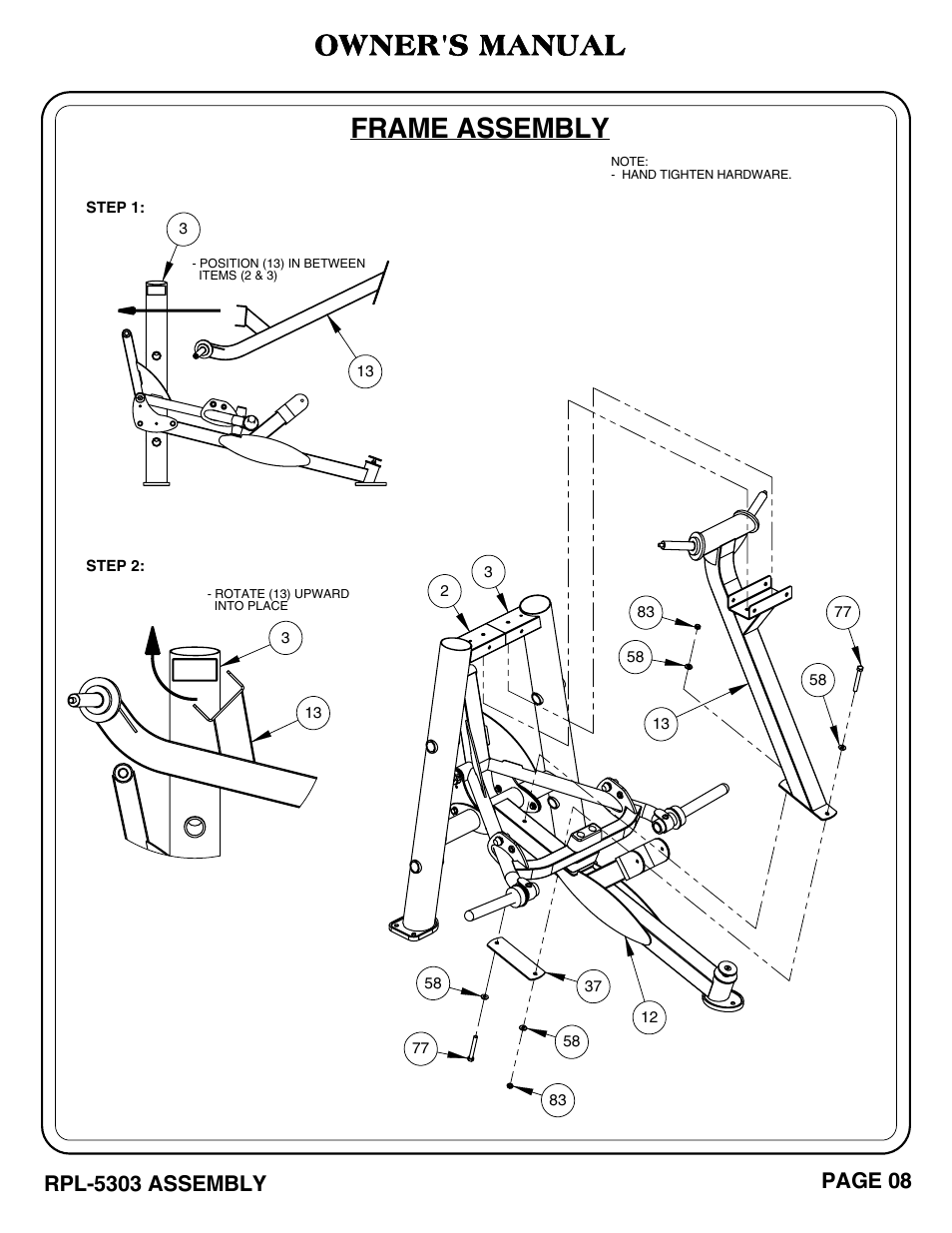 Frame assembly, Owner's manual, Rpl-5303 assembly | Page 08 | Hoist Fitness RPL-5303 User Manual | Page 11 / 48