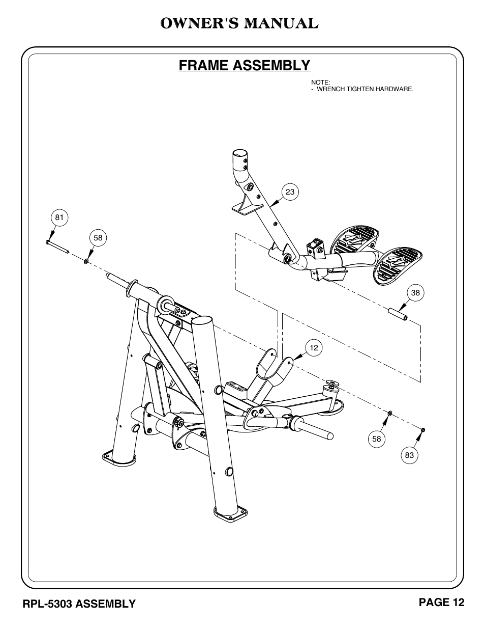 Owner's manual, Frame assembly | Hoist Fitness RPL-5303 User Manual | Page 15 / 48