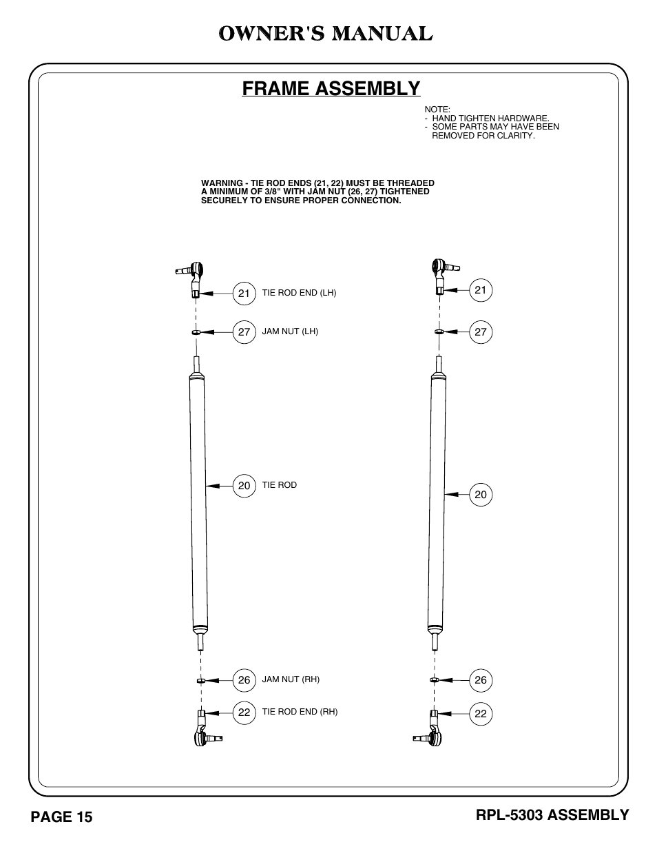 Owner's manual, Frame assembly, Page 15 | Rpl-5303 assembly | Hoist Fitness RPL-5303 User Manual | Page 18 / 48