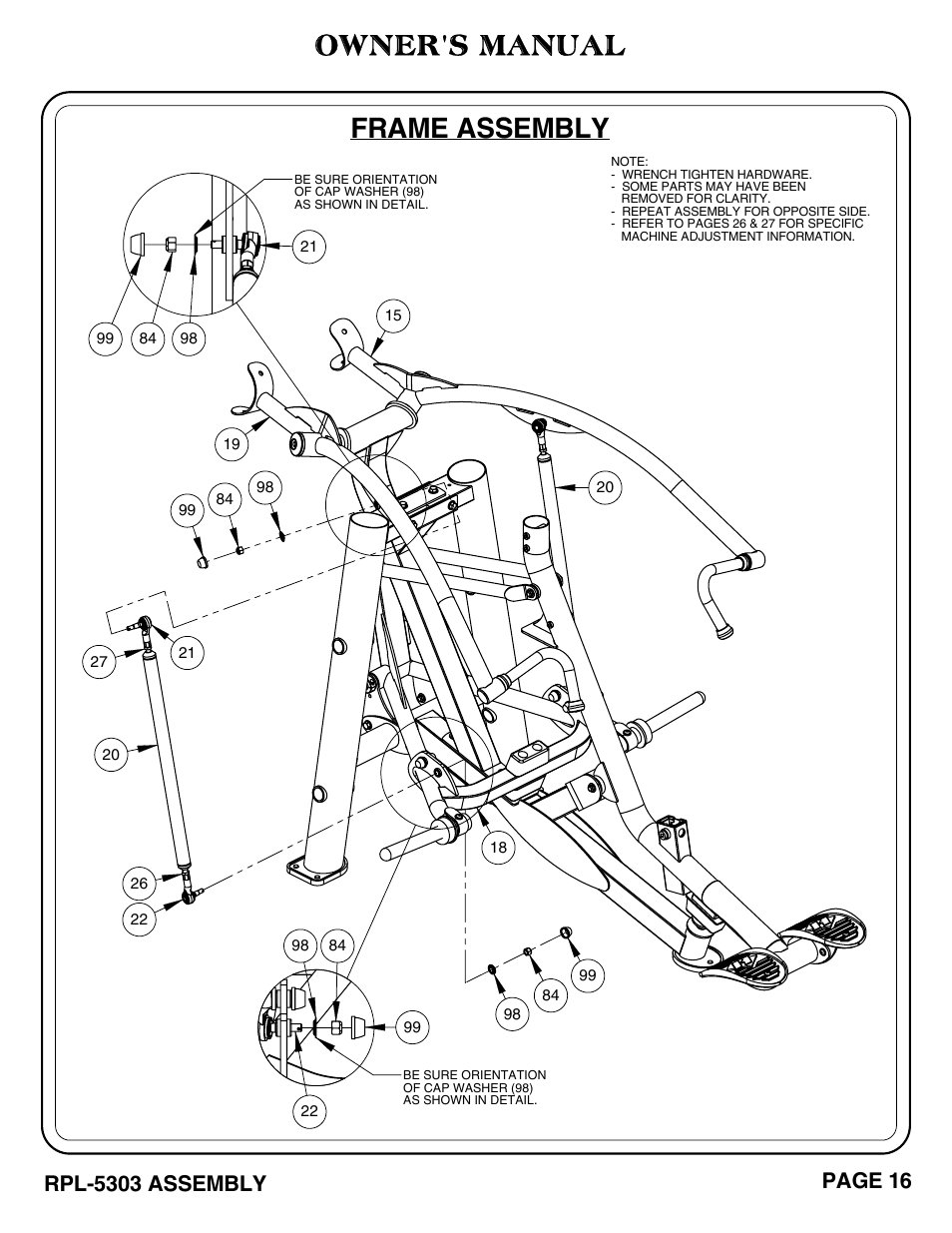 Frame assembly, Owner's manual | Hoist Fitness RPL-5303 User Manual | Page 19 / 48