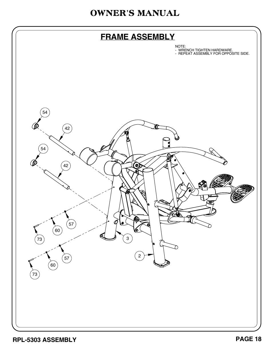 Owner's manual, Frame assembly, Rpl-5303 assembly | Page 18 | Hoist Fitness RPL-5303 User Manual | Page 21 / 48