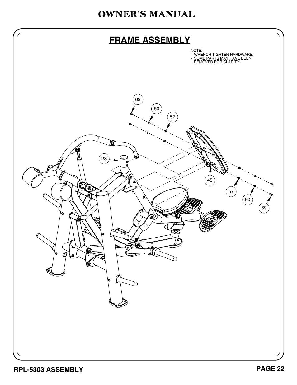 Frame assembly, Owner's manual, Page 22 | Rpl-5303 assembly | Hoist Fitness RPL-5303 User Manual | Page 25 / 48