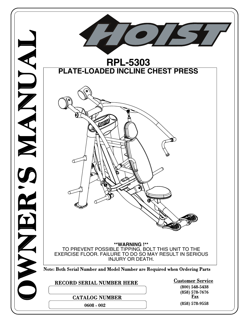 Rpl-5303_pg 00-45 (0608-002), Owner' s ma nua l | Hoist Fitness RPL-5303 User Manual | Page 3 / 48