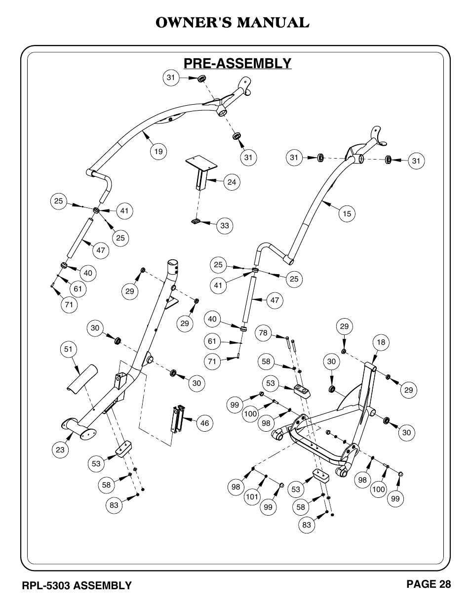 Pre-assembly, Owner's manual, Rpl-5303 assembly | Page 28 | Hoist Fitness RPL-5303 User Manual | Page 31 / 48