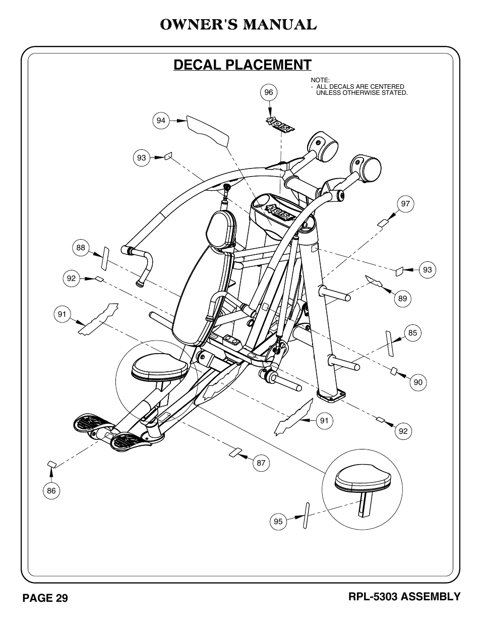 Owner's manual, Decal placement, Page 29 | Rpl-5303 assembly | Hoist Fitness RPL-5303 User Manual | Page 32 / 48