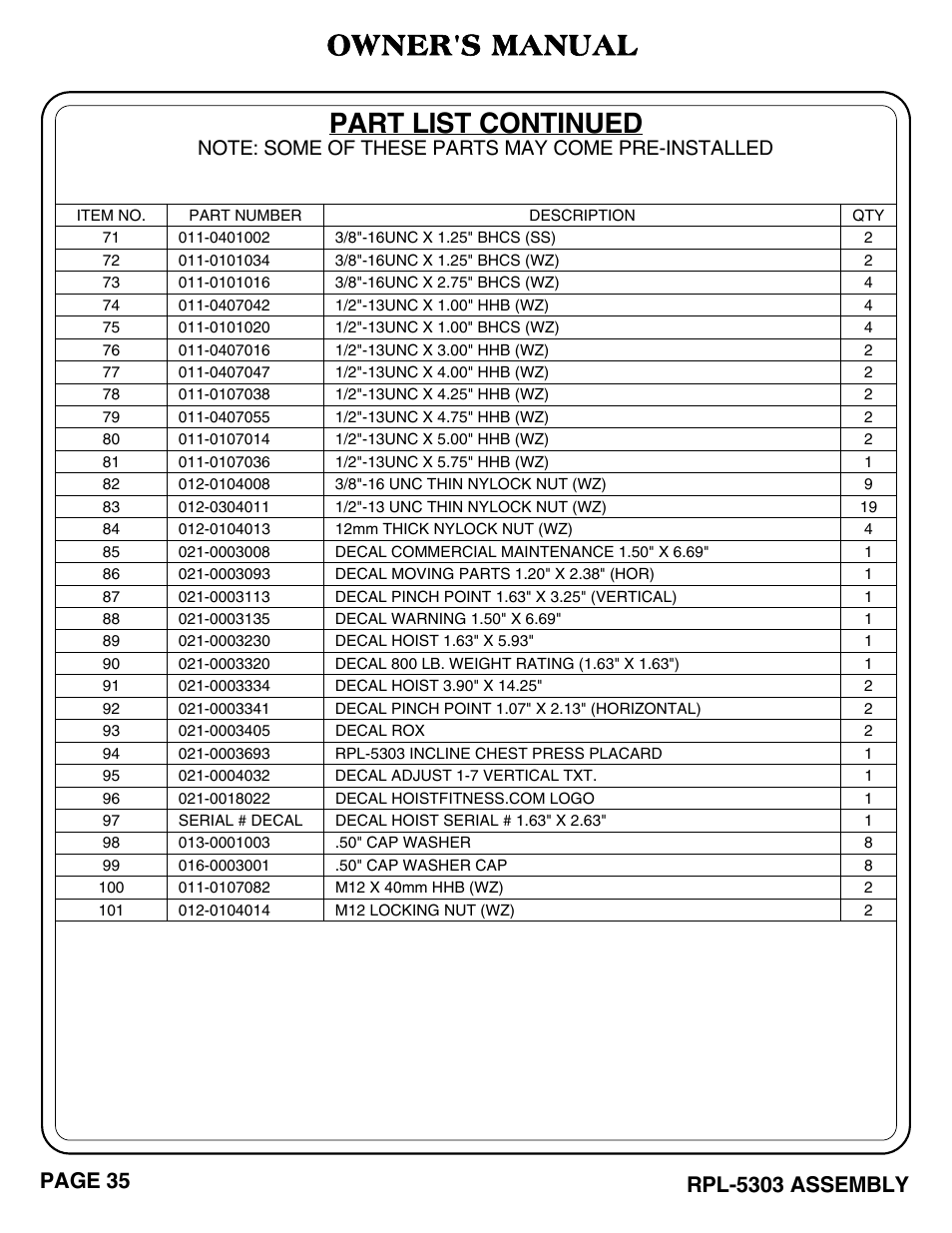 Part list continued, Owner's manual, Page 35 | Rpl-5303 assembly | Hoist Fitness RPL-5303 User Manual | Page 38 / 48