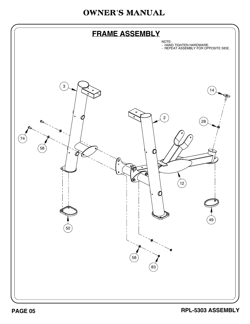 Frame assembly, Owner's manual, Page 05 | Rpl-5303 assembly | Hoist Fitness RPL-5303 User Manual | Page 8 / 48