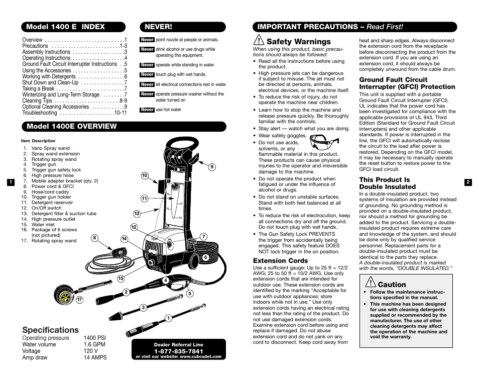 Operators manual, High pressure washer, Important | Read safety rules and instructions carefully, Model 1400e, Specifications, Safety warnings, Model 1400e overview, Important precautions – read first, Caution | Cub Cadet 1400E User Manual | Page 2 / 8