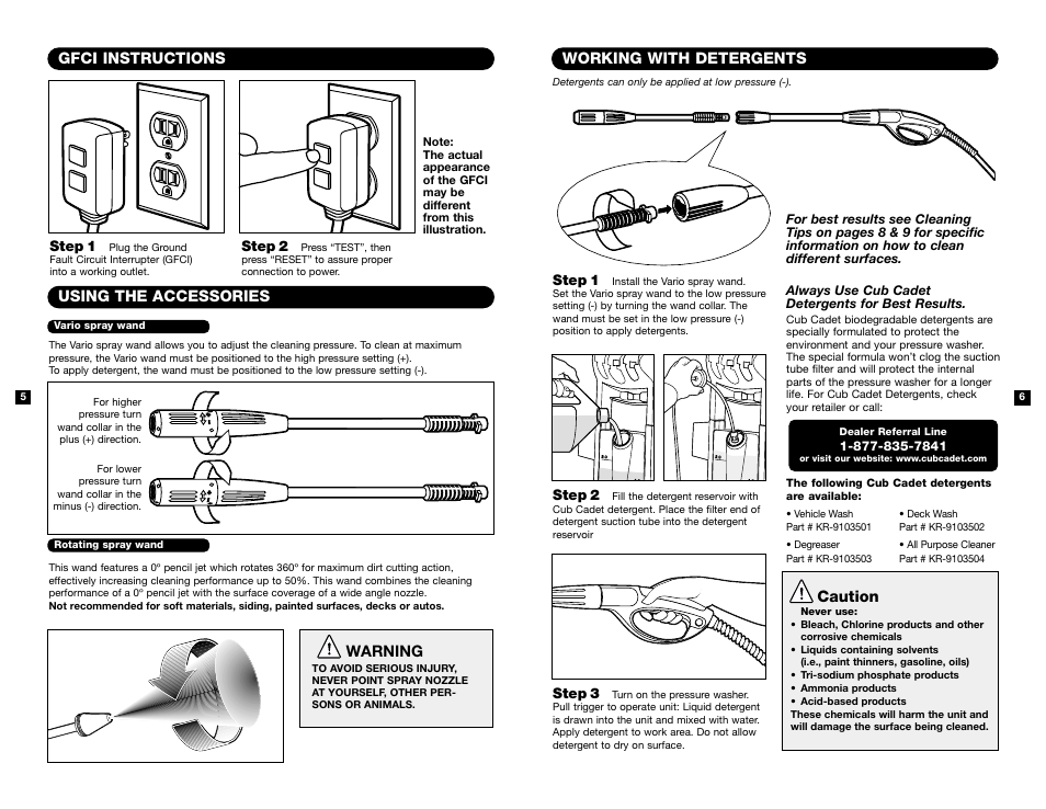 Using the accessories, Gfci instructions, Working with detergents | Caution, Warning | Cub Cadet 1400E User Manual | Page 4 / 8