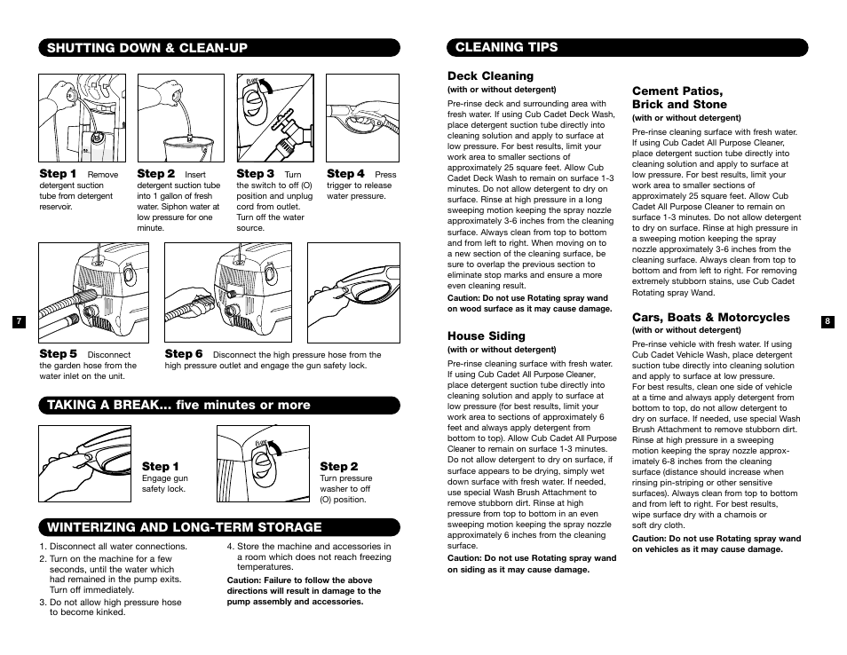 Shutting down & clean-up, Winterizing and long-term storage, Taking a break... five minutes or more | Cleaning tips | Cub Cadet 1400E User Manual | Page 5 / 8