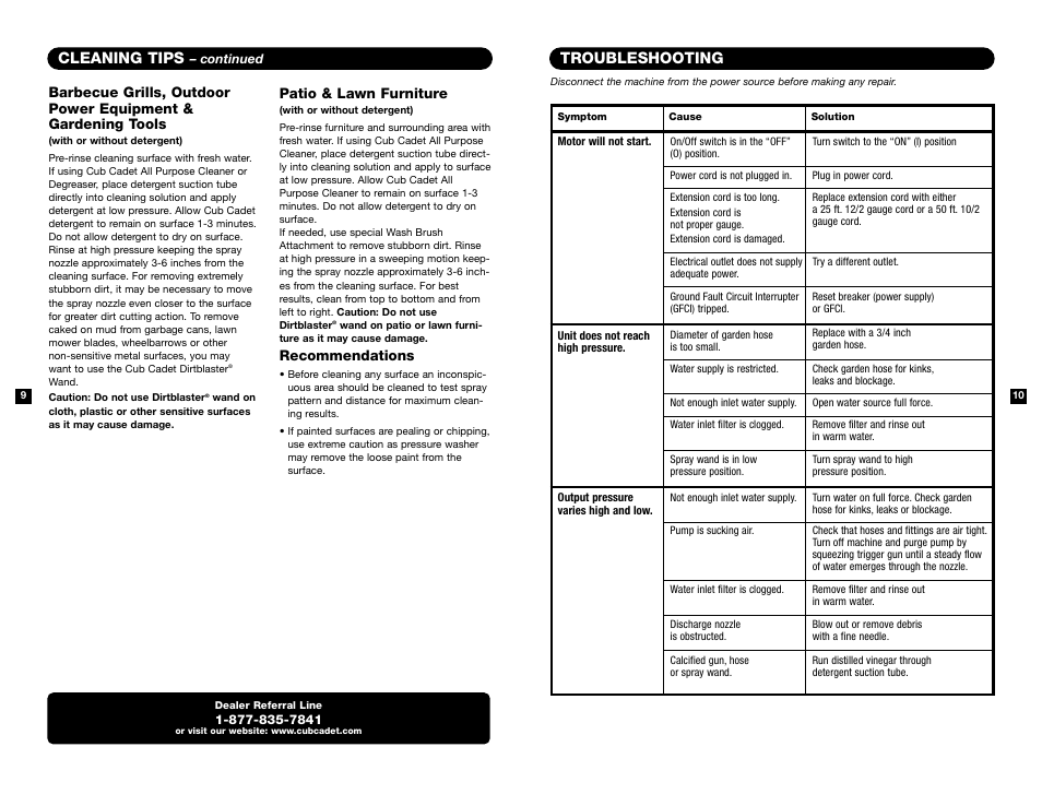 Cleaning tips -9 optional cleaning accessories, Cleaning tips, Troubleshooting | Cub Cadet 1400E User Manual | Page 6 / 8