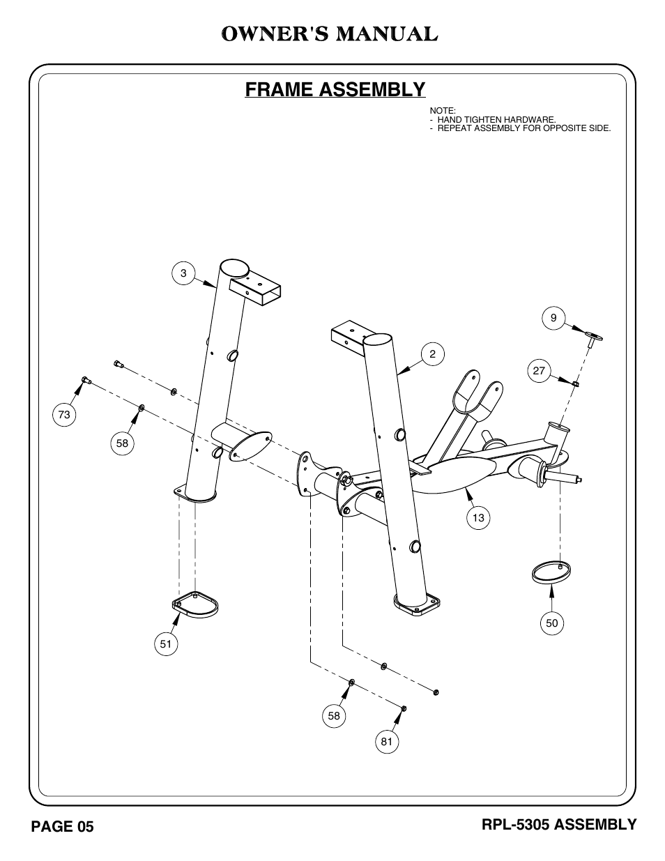 Owner's manual, Frame assembly, Page 05 | Rpl-5305 assembly | Hoist Fitness RPL-5305 User Manual | Page 11 / 51