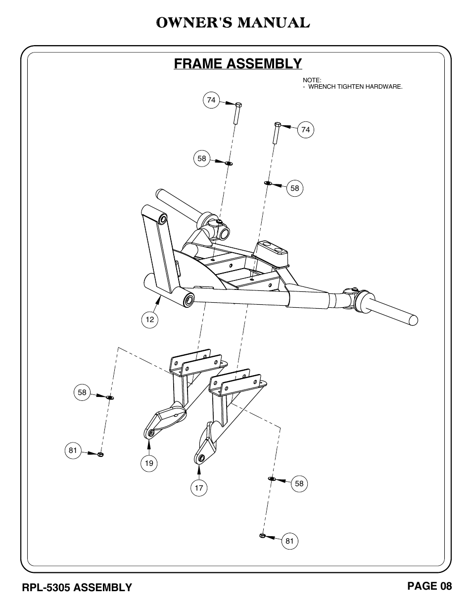 Owner's manual, Frame assembly, Rpl-5305 assembly | Page 08 | Hoist Fitness RPL-5305 User Manual | Page 14 / 51