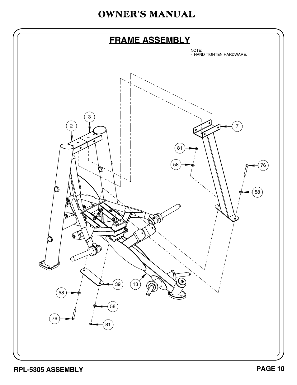 Owner's manual frame assembly, Rpl-5305 assembly, Page 10 | Hoist Fitness RPL-5305 User Manual | Page 16 / 51